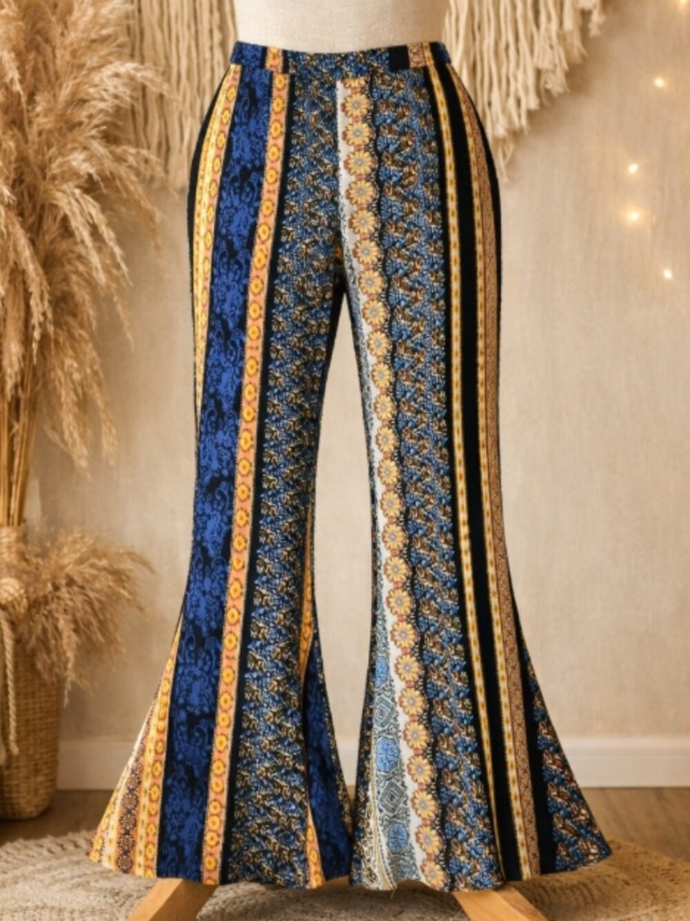 Mental Mixed Print Boho Flare Pants M Festival Retro 70s Boho Art-to-Wear Hippie